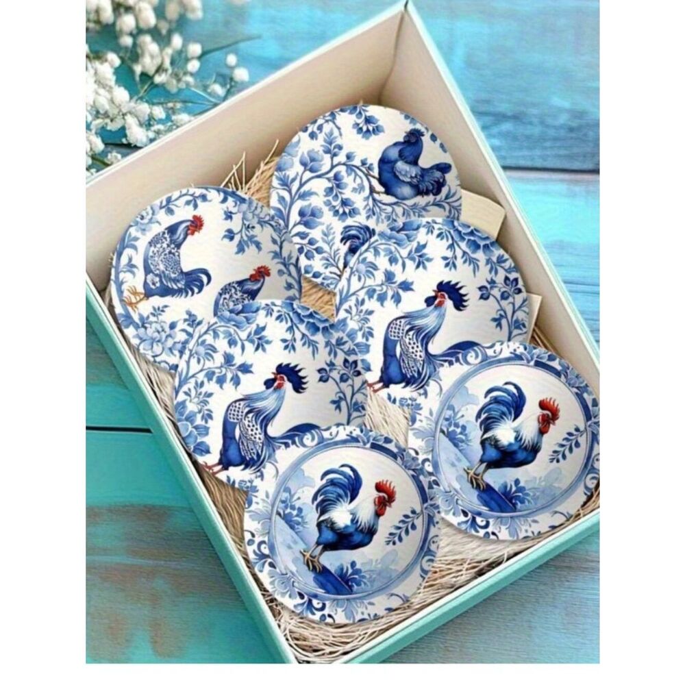 Rooster Theamed Coasters Blue & White Chinoiserie Style Wood Farmhouse Cottage 6